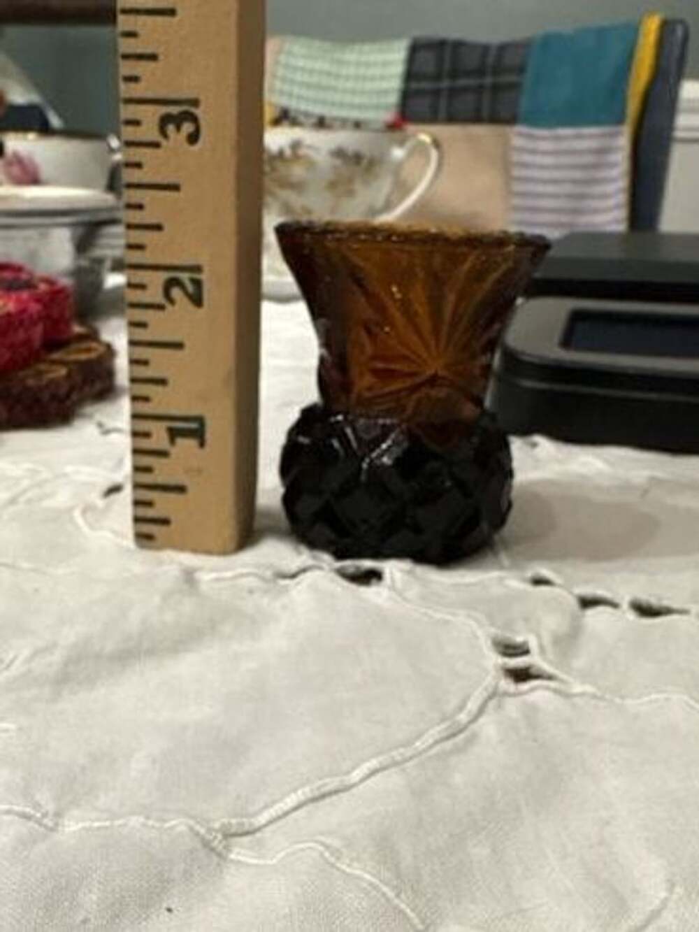 Amber Glass Toothpick Holder Cut Glass Pattern Vintage